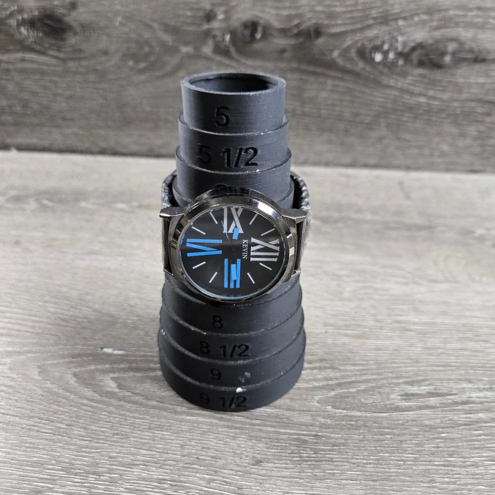 Kevin 2236 Analog Watch Mens 40mm Black Blue Roman Numeral Link Band Unused